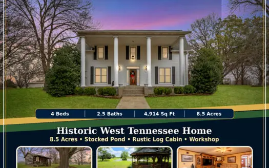 West TN Historic Home for Sale w/ Fenced Pasture & Stocked Pond