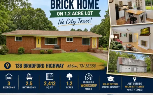 Spacious Brick Home on Large Lot for Sale in Milan, Tennessee