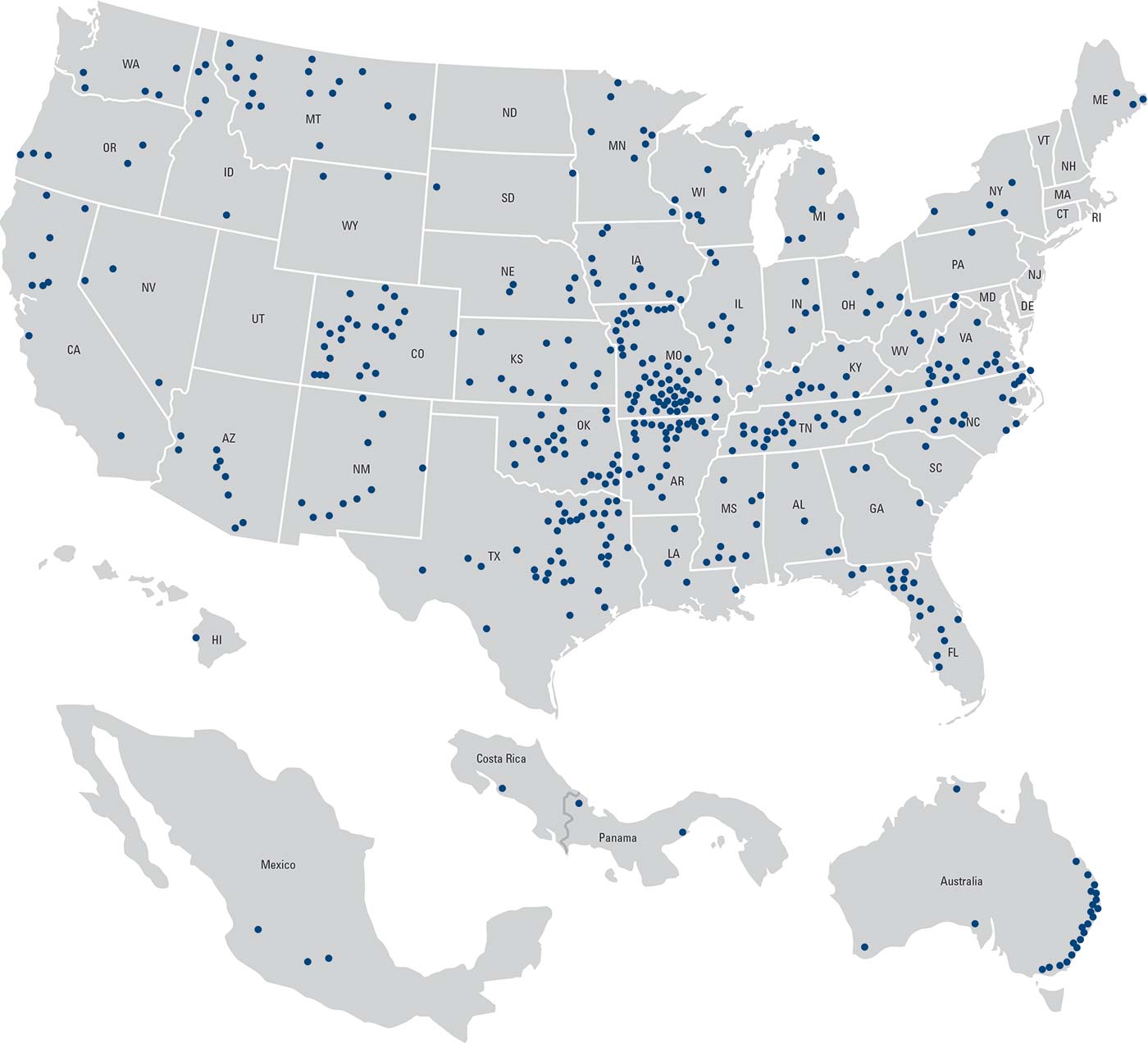map of us with United Country Real Estate offices